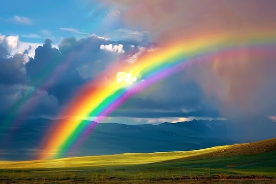 : A vibrant rainbow arching gracefully through a break in the storm clouds.