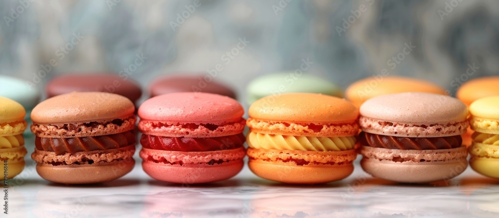 Poster array of colorful macaroons on countertop