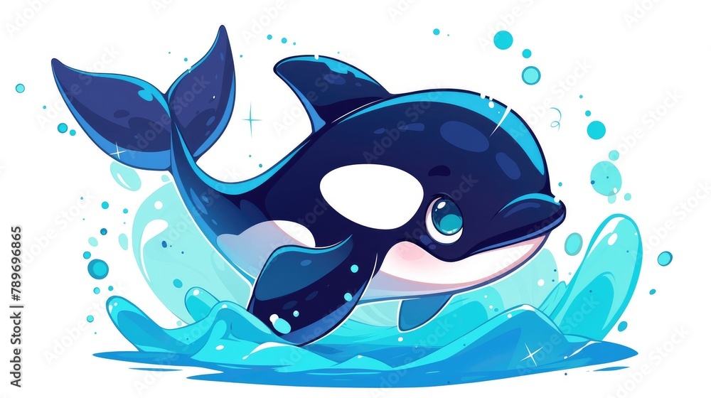 Poster A charming killer whale pops up from the deep in this adorable cartoon portrayal Designed in a sleek and stylish flat sticker icon motif this premium logo 2d embodies a lovable mascot charac