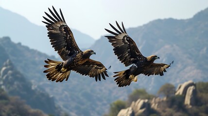 Fototapeta premium A pair of golden eagles soaring majestically through the expansive sky, their wings outstretched against the backdrop of clouds.