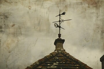 : A vintage-style wind vane on a rooftop, its arrow pointing towards the viewer. - obrazy, fototapety, plakaty