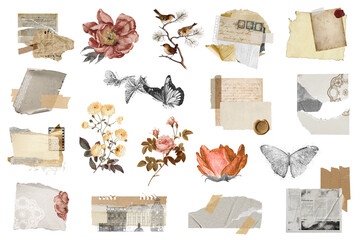 Vintage aesthetic ephemera png collage, mixed media scrapbook artwork set