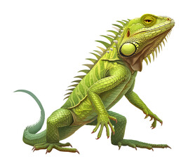 Obraz premium Green iguana isolated on transparent background. Reptile character design. Lizard clipart. Exotic tropical pets. Cut out colorful elements for design.