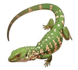 Green lizard isolated on transparent background. Reptile character design. Iguana clipart.  Exotic tropical pets. Cut out colorful elements for design. 