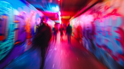 Defocused view of an edgy underground club with flashing strobe lights blurred figures dancing to...