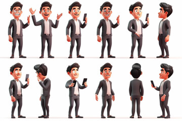 Set of character of a man with a smartphone. A businessman with various emotions uses a gadget, shows the screen 3D avatars set vector icon, white background, black colour icon