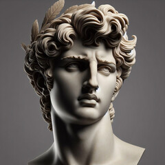 God Apollo bust sculpture. Ancient Greek god of Sun and Poetry Plaster copy of a marble statue isolated on black	