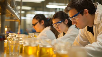 A group of students conducting research on new ods for producing biofuel from waste materials emphasizing the potential for sustainable innovation and progress. . - obrazy, fototapety, plakaty