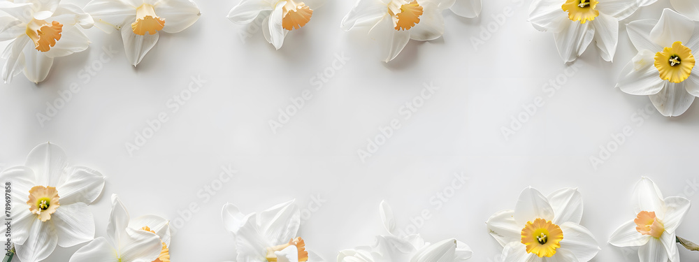 Poster white daffodils border a frame on a white background with copy space. in a flat lay top view