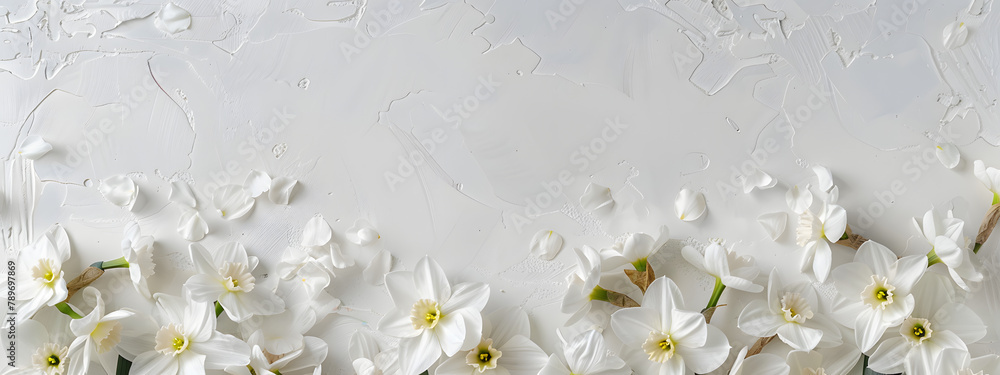 Poster white daffodils border a frame on a white background with copy space. in a flat lay top view