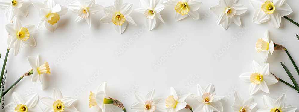 Poster white daffodils border a frame on a white background with copy space. in a flat lay top view