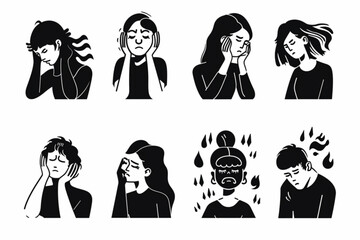 Set of characters experiencing different pain. Headache, toothache, menstrual pain vector icon, white background, black colour icon