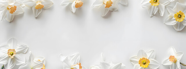 Naklejka na ściany i meble White daffodils border a frame on a white background with copy space. in a flat lay top view