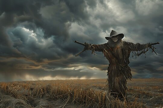 : A weathered scarecrow in a barren field under a stormy, ominous sky.