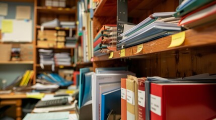 A behindthescenes look at a salespersons office with shelves filled with industry research books and binders along with sticky notes and charts covering their desk showcasing the extensive . - obrazy, fototapety, plakaty