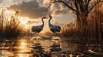A pair of elegant cranes in a dance, their graceful movements synchronized as they glide across the water's surface - obrazy, fototapety, plakaty