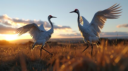 A pair of elegant cranes in a dance, their graceful movements synchronized as they glide across the water's surface