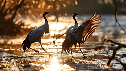 Naklejka premium A pair of elegant cranes in a dance, their graceful movements synchronized as they glide across the water's surface