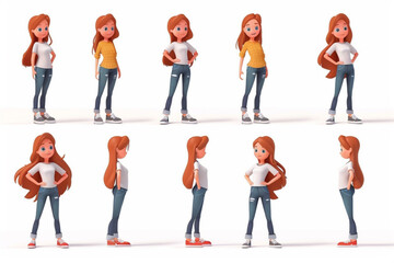 Set of happy woman character in casual clothes in various poses on a white background. Cute girl thinks vector icon, white background, black colour icon