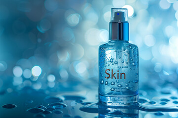 little cosmetic bottle write "Skin" on blue background, studio light, soft light, pro contrast color grading, dodge burn effect, stock image,