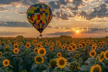 : A whimsical scene of a hot air balloon, its colorful fabric illuminated by the warm glow of the setting sun. The balloon drifts over a vast field of sunflowers, their cheerful faces turne