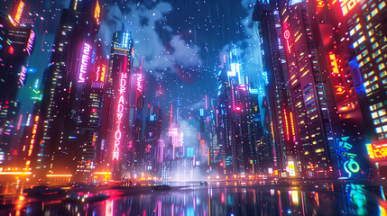 neon lighting futuristic cityscape after rain at night 