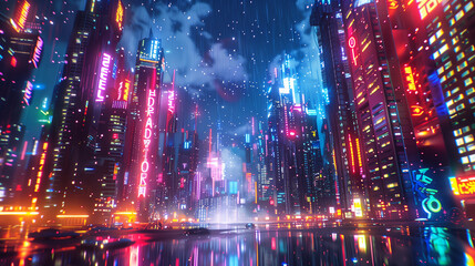 Naklejka premium neon lighting futuristic cityscape after rain at night 