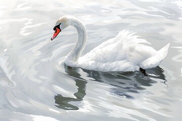 : A white swan floating on a white water surface.