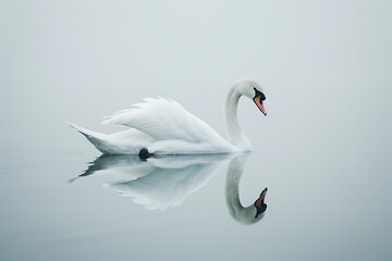 : A white swan floating on a white water surface. - obrazy, fototapety, plakaty