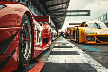 race cars lined up on pit lane dramatic motorsports racing scene - obrazy, fototapety, plakaty