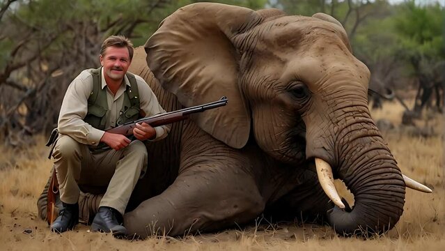 hunter posing proudly next to a large African elephant carcass,showing the controversial practice of trophy hunting and its impact on wildlife conservation efforts video animation