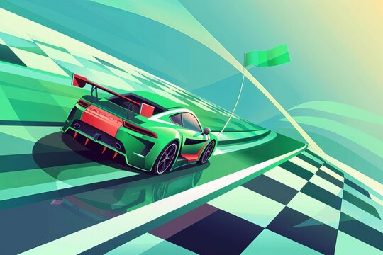 race car crossing finish line on asphalt motorsport track green flag waving illustration