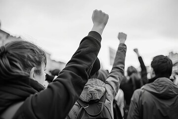 raised fist protest at rally young activists for social change black and white photo