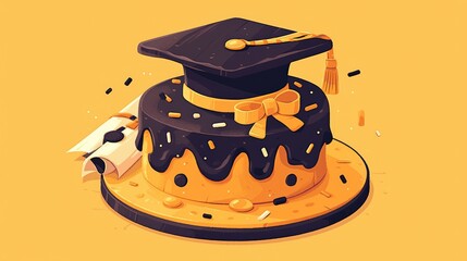Celebrate the student s big day with a charming graduation cake icon featuring a flat design This delightful pictogram showcases a celebratory pie adorned with a cap ribbons and a diploma i