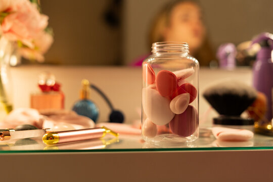 detail of Makeup beauty blenders in a Jar