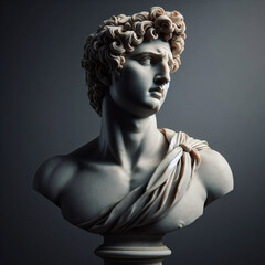 God Apollo bust sculpture. Ancient Greek god of Sun and Poetry Plaster copy of a marble statue isolated on black	 - obrazy, fototapety, plakaty
