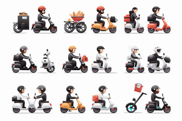 Set of courier character set for mobile application. Food and goods delivery service. The deliveryman rides a scooter and a bicycle 3D avatars set vector icon, white background, black colour icon