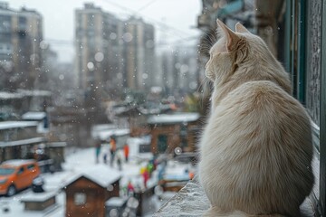 A white domestic cat looks out the window, closely watching what is happening outside, enthusiastically observing the world