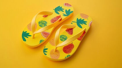 Blank mockup of flip flops with a playful fruit pattern on a bright yellow background . - obrazy, fototapety, plakaty