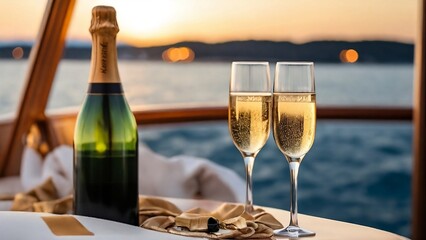 Luxury evening party on cruise yacht with champagne setting. Champagne glasses and bottle with champagne with bokeh yacht on background, created with generative ai