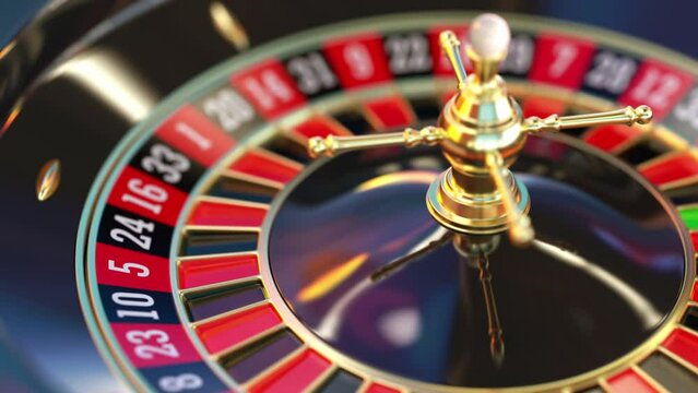 Roulette wheel close-up in a casino. A rotating roulette wheel with a ball on the number zero. Casino, gambling, betting, winning and nightlife. Cinematic shots close up. Seamless looping animation.