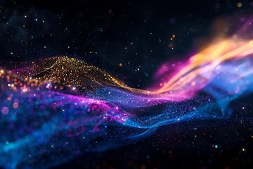 : An energetic flow of glowing particles in a vibrant spectrum, leaving trails of light against a deep space black background. - obrazy, fototapety, plakaty