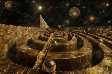 : An intricate labyrinth of golden spheres, with a silver arrow navigating to the heart of the pyramid amidst a starlit backdrop. - obrazy, fototapety, plakaty