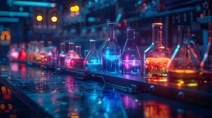 Futuristic Alchemy: Quantum Potions Amongst Neon Glow. Concept Futuristic, Alchemy, Quantum Potions, Neon Glow - obrazy, fototapety, plakaty