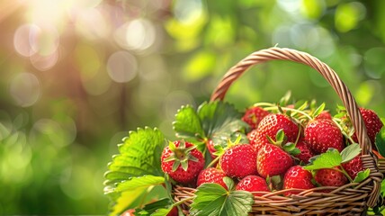 Fototapeta na wymiar Fresh strawberries in basket surrounded by green leaves under sunlight