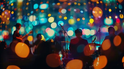 An outoffocus view of a bustling concert venue with silhouettes of musicians performing in front of a vibrant sea of lights and a blurred audience lost in the rhythm. . - obrazy, fototapety, plakaty