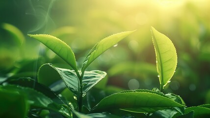 Green leaves with dew under sunlight - obrazy, fototapety, plakaty