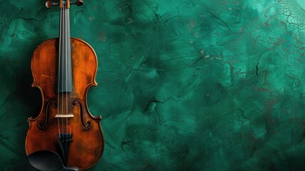 Violin against textured green backdrop with ample copy space