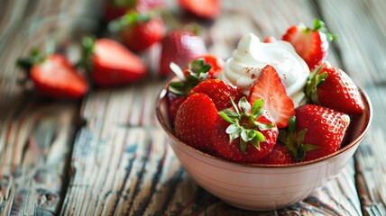 Bowl of fresh strawberries topped with whipped cream on wooden surface - Powered by Adobe