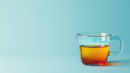 Clear glass measuring cup containing amber liquid on blue background